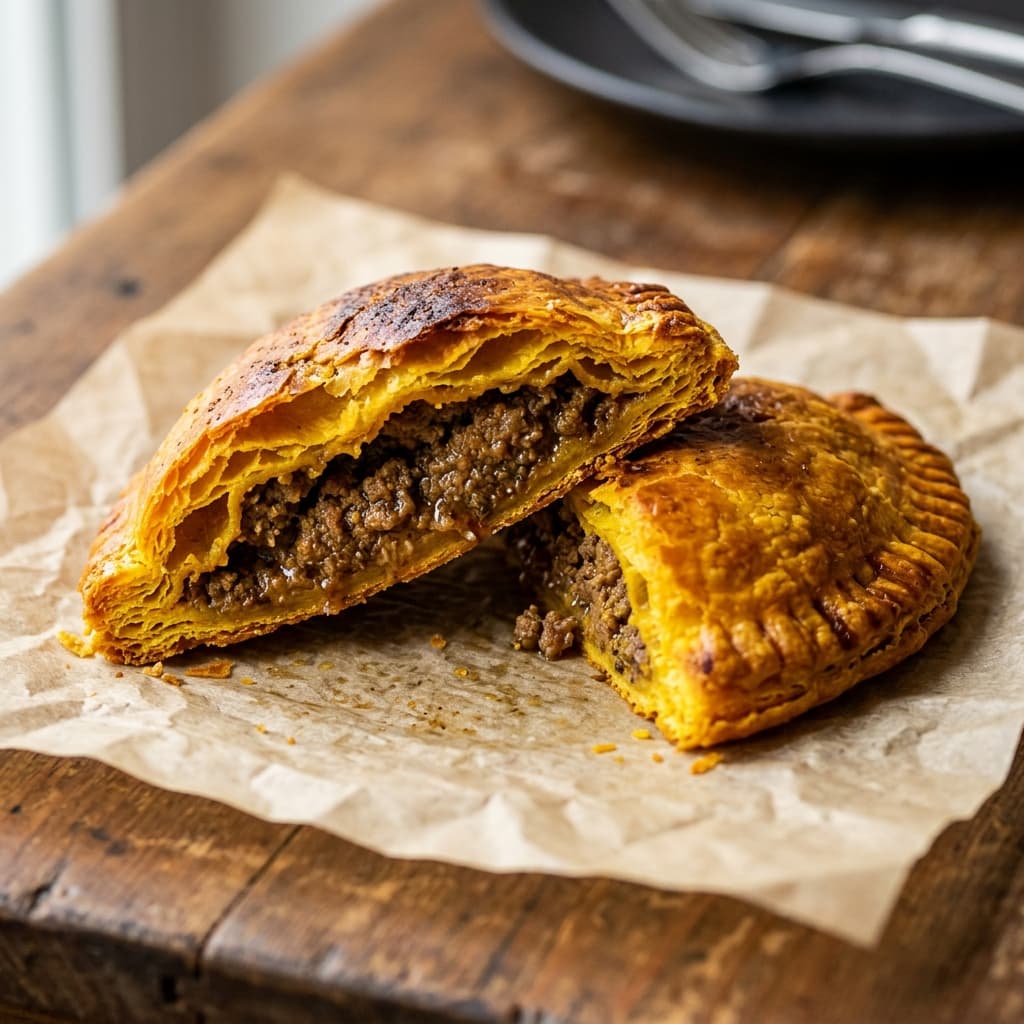 Beef Patty — Jamaican patty cross-section showing filling