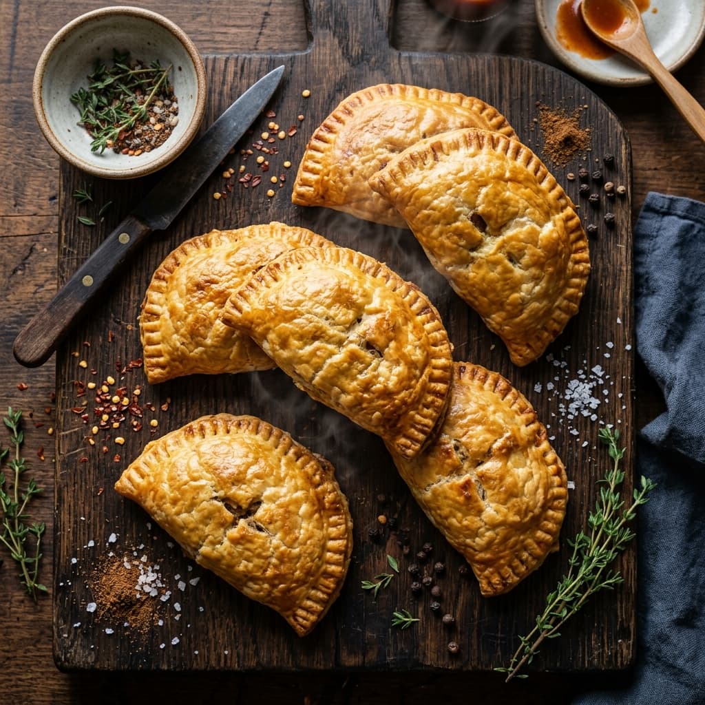 Golden Jamaican patties on a rustic wooden board
